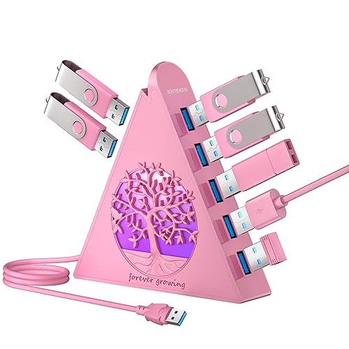 JoyReken 7-Port USB 3.0 Hub, RGB USB Hub with RGB Tree Light and 2ft Cable, USB Hub 3.0 Pink USB Expander for Laptop, PC, Flash Drive, HDD, Console, Printer, Keyboard, Mouse (Pink) - 2ft - 3-Tree Pink