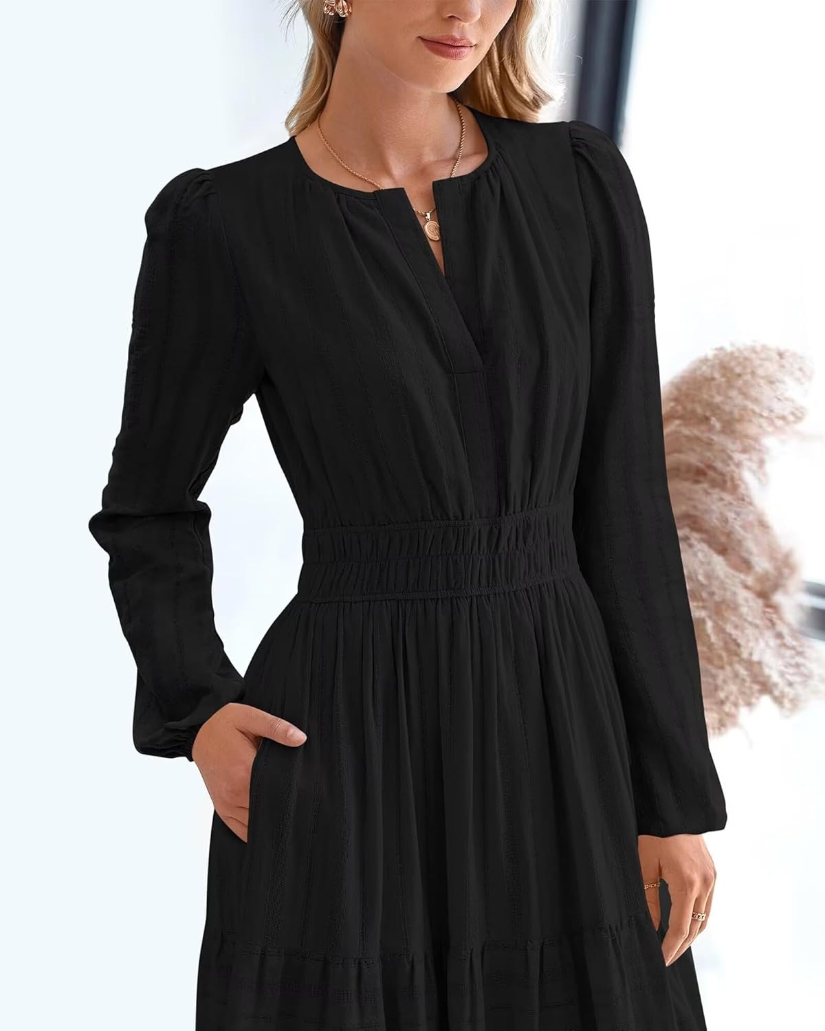 YepMoll Women's Long Sleeve Maxi Dress with Pockets Spring Fall 2026 V-Neck Flowy Casual Wedding Guest Dress Elastic Waist - Image 7