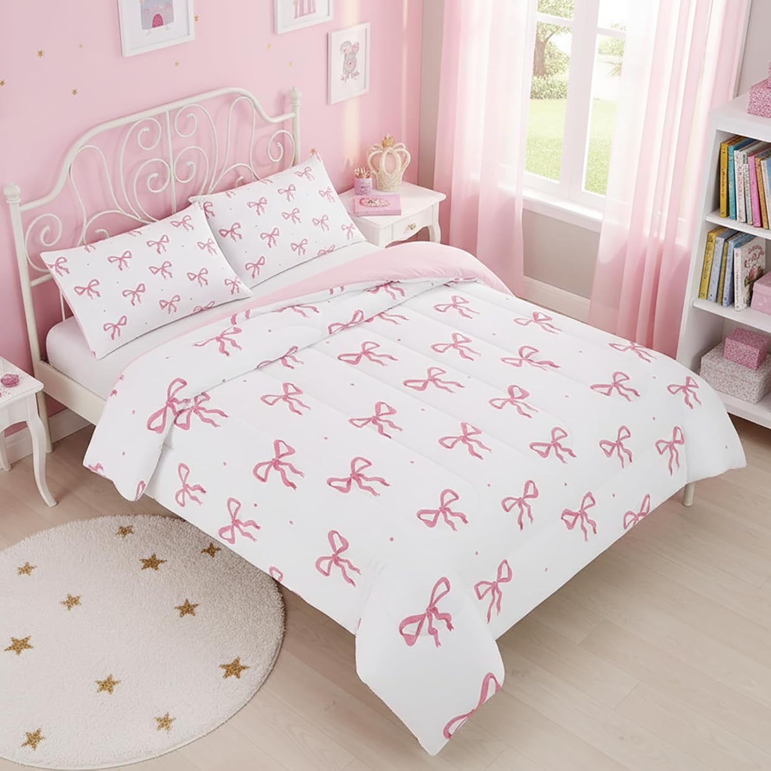QOOMO 3Pcs Bow Comforter Set Twin,Pink Bow Bedding Set for Teens Boys Girls,Bowknot Printed Comforter with 2 Pillowcases,Down Alternative,Soft and Lightweight