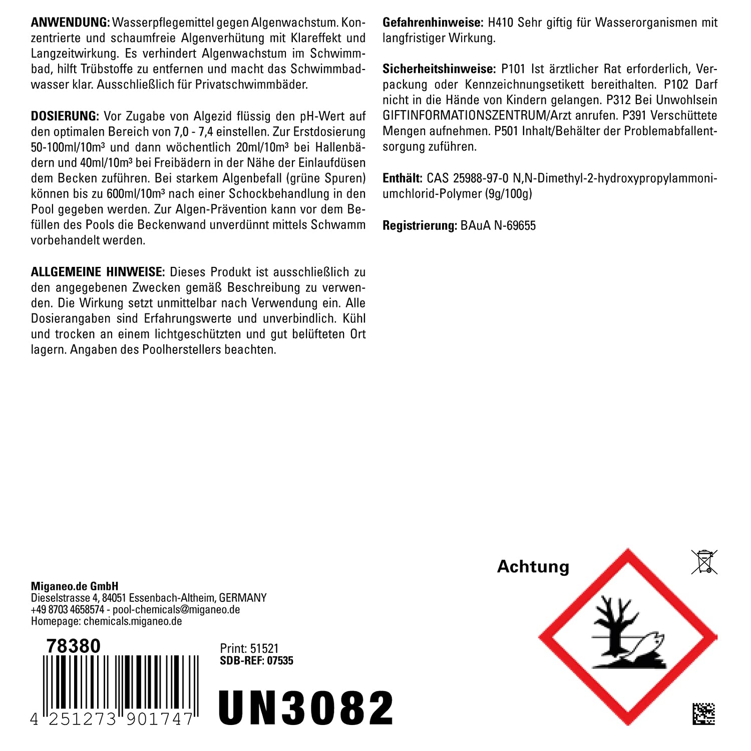 Miganeo Algezid schaumfreie Algenverhütung Algizid Klareffekt Pool 20 Liter