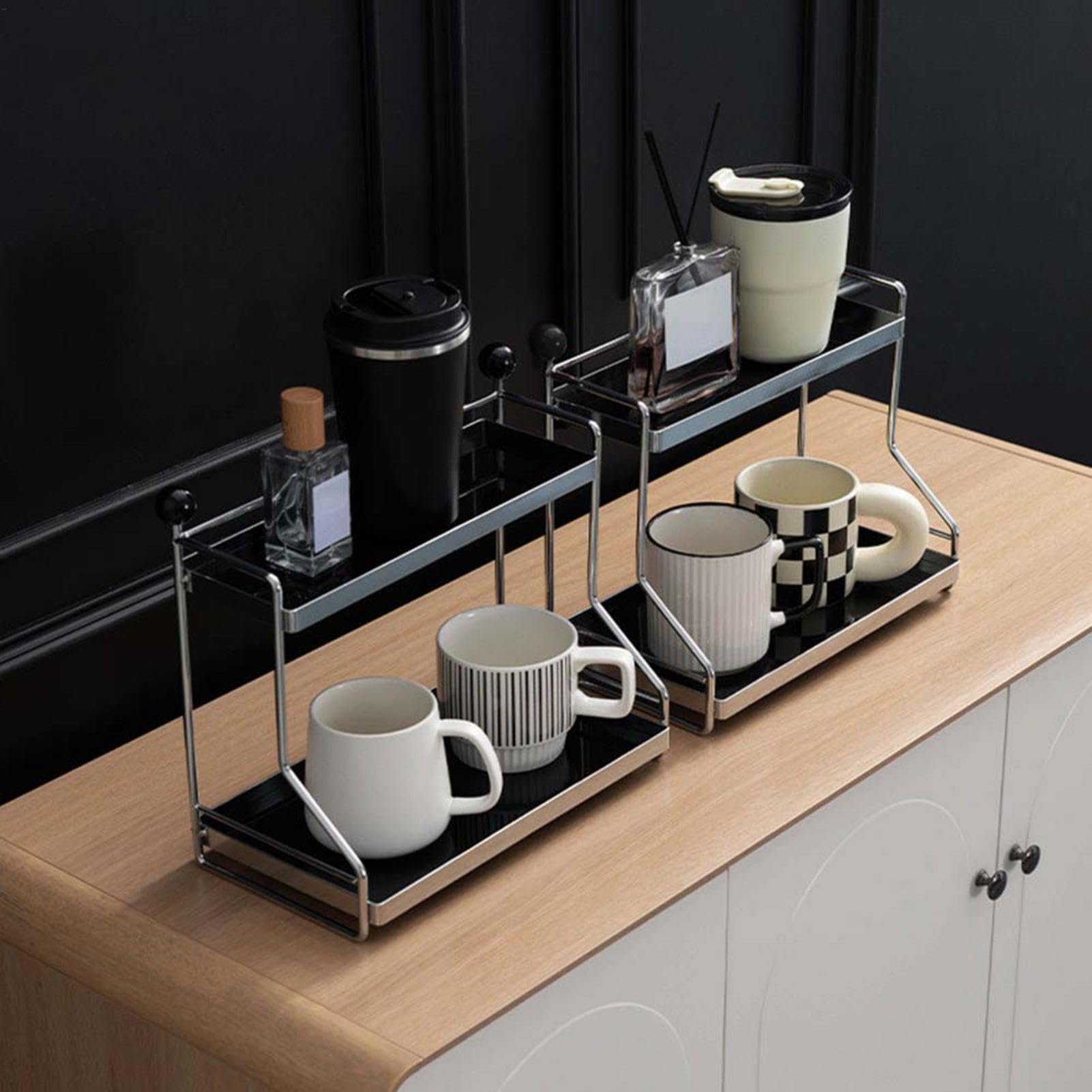 Organizer na kubki do kawy, 2-poziomowy stojak na kubki, wolnostojący stojak na kubki, 29,3 x 15,8 x 26,5 cm, półka do przechowywania filiżanek do kawy i ziaren, projekt do kuchni lub biura