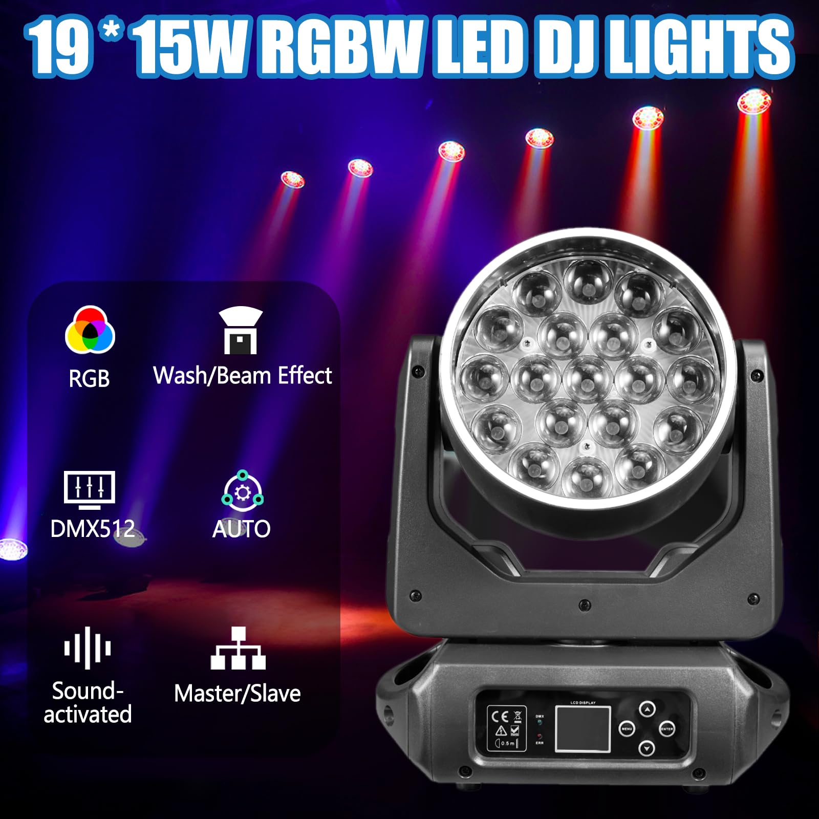 Professionelles Moving Head Bühnenlicht, 19 x 15 W RGBW LED DJ-Lichter, 17/25 Kanäle mit Zoom, DMX 512-Steuerung, Auto Run, Soundaktivierung, Wash- und Beam-Effekt für Partys (1 Packung)
