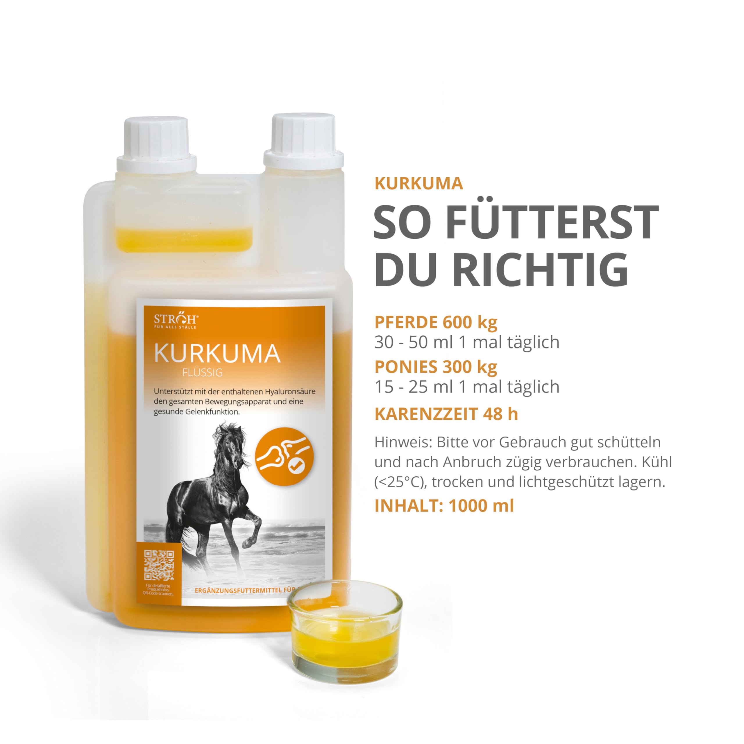 STRÖH Curcuma pour chevaux (flacon doseur de 1 l) • Pour une fonction articulaire saine chez le cheval • Renforce le cartilage, les ligaments, les articulations et les tendons