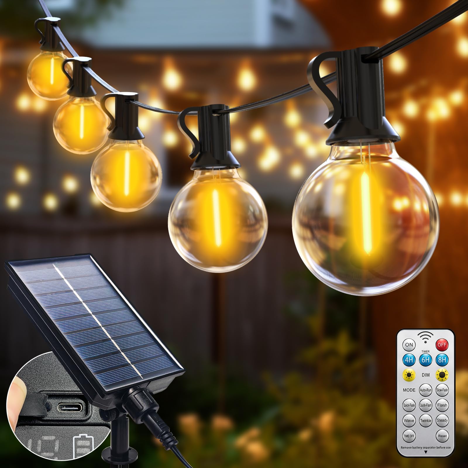btfarm 20M/65FT Solar Festoon Lights Outdoor with Remote, 25+2 LED Garden String Light USB & Solar Powered G40 Shatterproof Bulb, Waterproof Dimmable Hanging Lighting for Outside Gazebo Fence Wedding