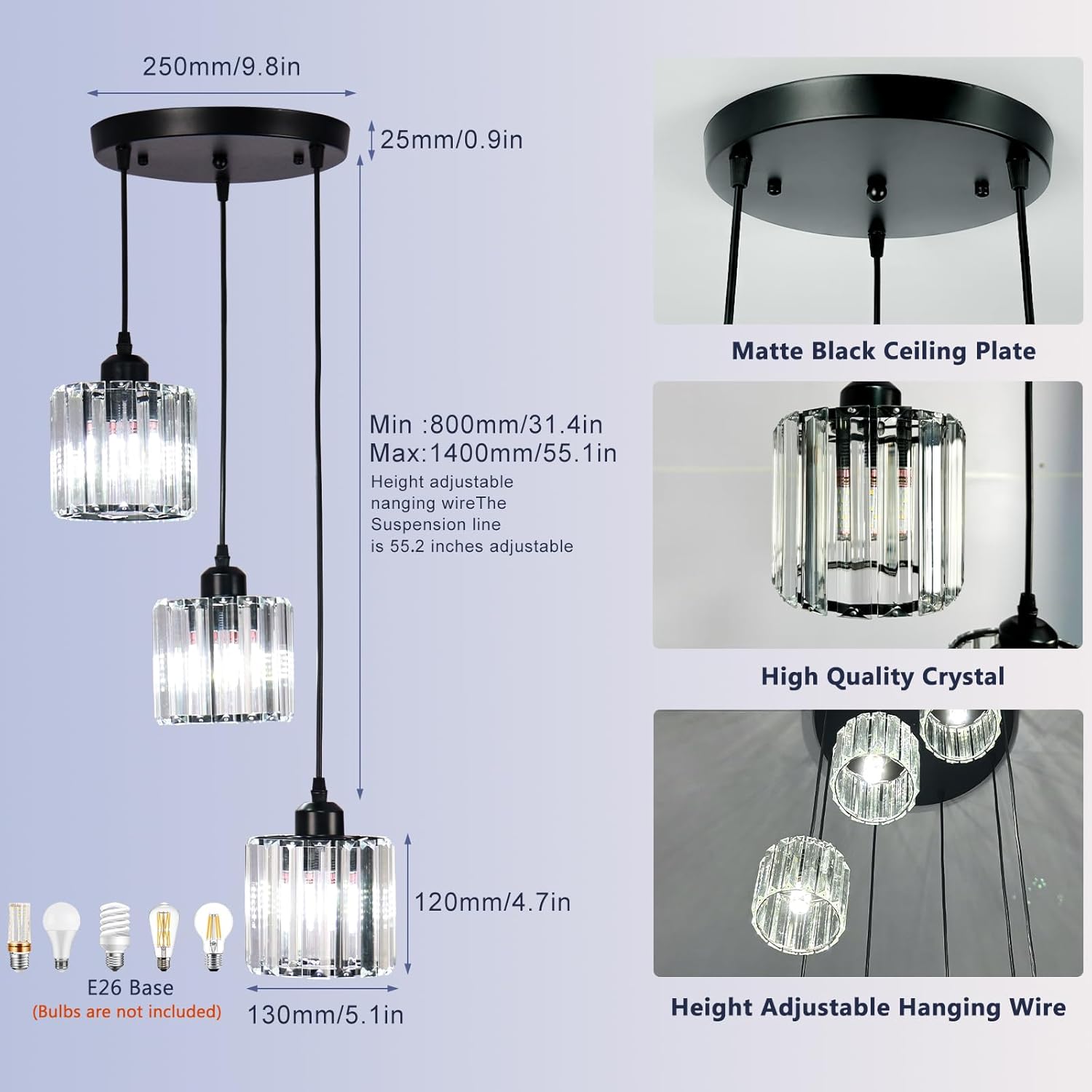 Modern Crystal Chandelier Round Ceiling Pendant Lights, Height Adjustable Crystal Hanging Light Fixtures for Kitchen Island, Chandeliers for Dining Room,Foyer,Living Room Entryway Black (3 Lights)