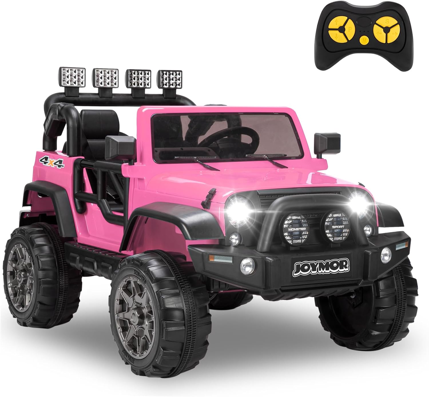 JOYMOR 2 Seat Ride-On Truck in pink, viewed from the front-left with a remote control in the upper right corner.