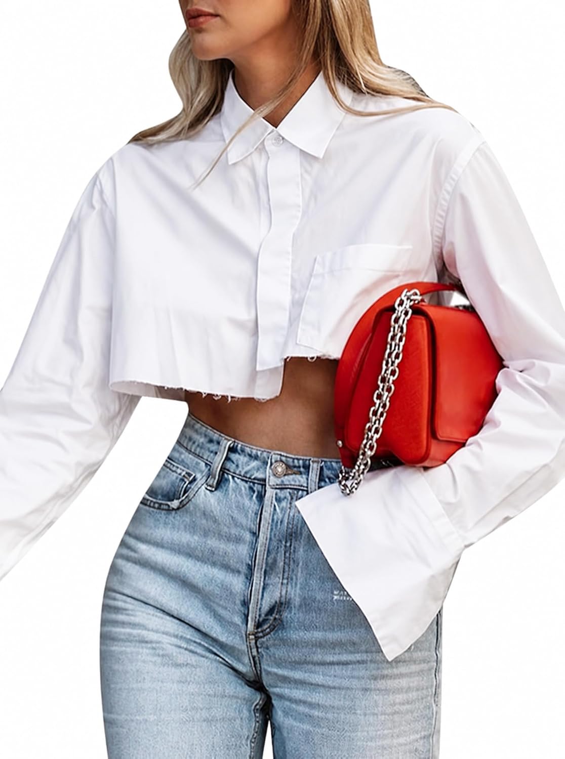 Women's Cropped Button Down Shirts Collared Long Sleeve Crop Blouse