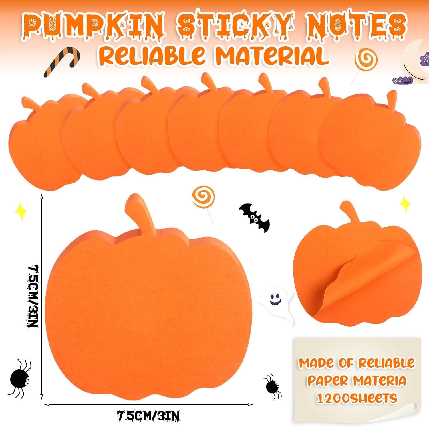Geelin 1200 Pcs Fall Sticky Notes Pumpkin Sticky Notepads 3 x 3 Inches Cute Self Adhesive Autumn Memo Stickers for School Classroom Halloween Thanksgiving Party Decor Supplies(Pumpkin) image 2