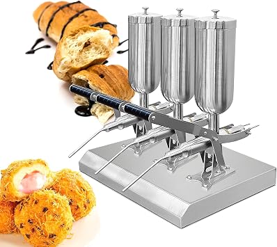 Manual Donut Filling Machine,Stainless Steel Churros Cream/Jam Filler,Capacity5L/Hopper,Three Head With 3pcs Short Nozzles Per Each Head For Bakeries, Dessert Shops & Home Use