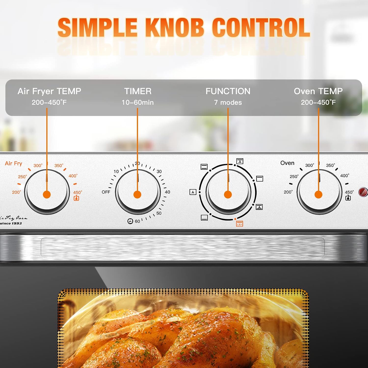 Close-up of the WEESTA Air Fryer Toaster Oven's simple knob controls