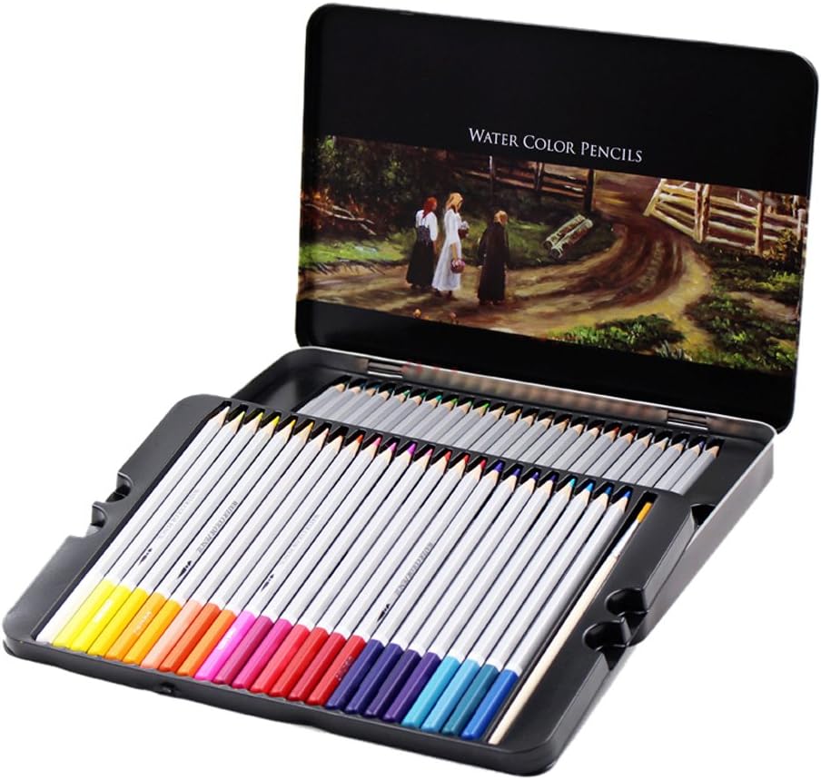 48-Count Water Color Soluble Watercolor Student Sketching Pencils Colored Art Drawing Pencils Set with Metal Tin Box
