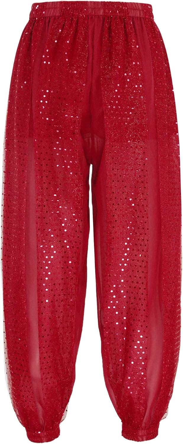 XUNZOO Women's Belly Dance Harem Pants Sequined Dots Chiffon Trousers Arabic Performance Loose Bloomers Pants