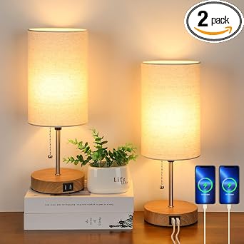 Set of 2 Table Lamps, Modern Bedside Desk Lamps with Pull Chain | 2 USB Ports, Nightstand Lamps with Cream Fabric Shade and Oak Metal Base for Living Room Bedroom Office Reading Dorm Hotel