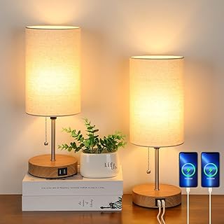 Set of 2 Table Lamps with 2 USB Ports, Modern Bedside Lamps, Desk Lamps with Pull Chain, Nightstand Lamps with Cream Fabric Shade and Oak Metal Base for Living Room Bedroom Office Reading Dorm Hotel