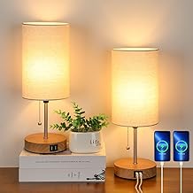 Lakumu Set of 2 Table Lamps with 2 USB Ports, Modern Bedside, Desk Lamps with Pull Chain, Nightstand Lamps with Cream Fabric Shade and Oak Metal Base for Living Room Bedroom Office Reading Dorm Hotel