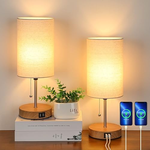 Lakumu Set of 2 Table Lamps with 2 USB Ports, Modern Bedside, Desk Lamps with Pull Chain, Nightstand Lamps with Cream Fabric Shade and Oak Metal Base for Living Room Bedroom Office Reading Dorm Hotel