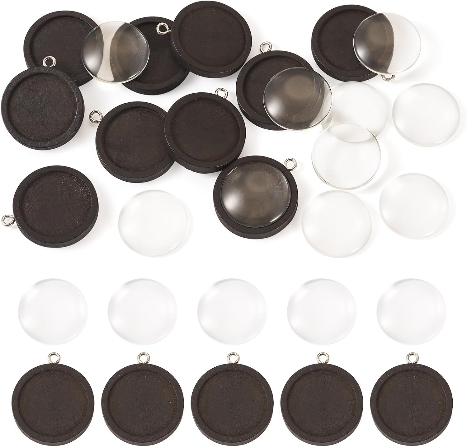 Craftdady Black Round Wood Base Bezel Pendant Trays Cabochon Setting Blank Cameo Frame Pendant for DIY Jewelry Making with 10pcs 25mm Charms 10pcs Glass Cabochons