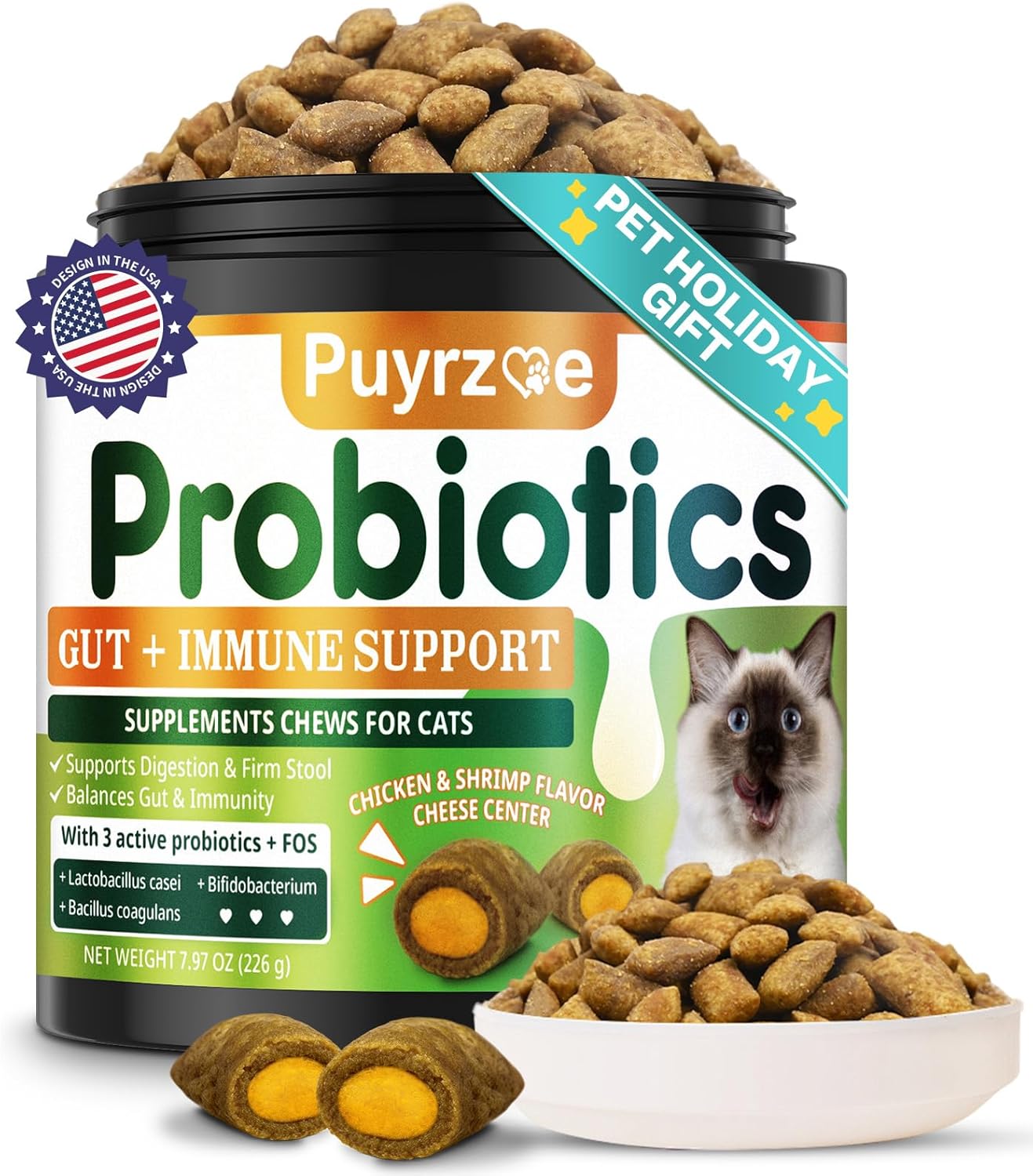 500 Cat Probiotics & FOS Chews – Prebiotics for Gut Support, Crunchy & Creamy Cheese Core, Cats Kittens Daily Probiotics Chews for Digestive & Gut Health & Nutrient Absorption – Chicken Shrimp