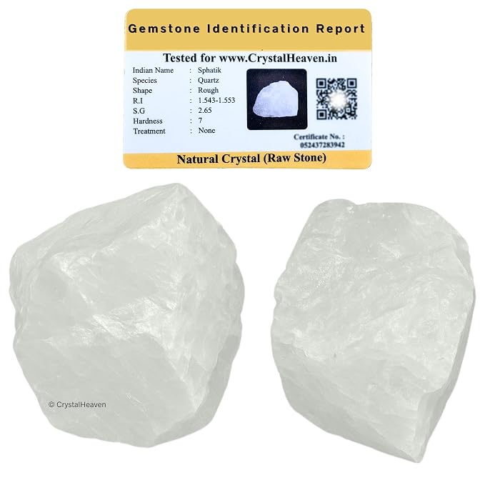 Certified Sphatik Clear Quartz Crystal Healing Rough Stone, Natural Raw Crystals for Manifestation, Meditation and Reiki Healing (2 Pieces)