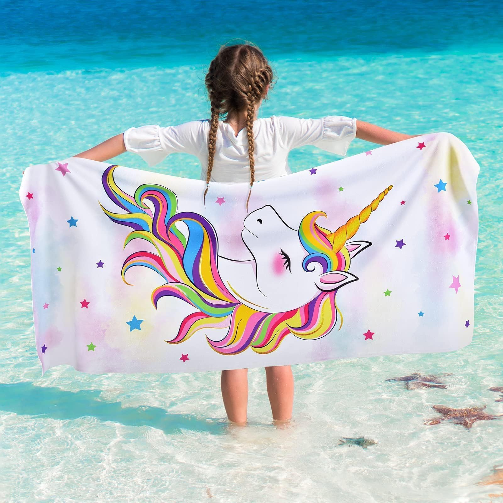 WERNNSAI Unicorn Microfibre Beach Towel for Kids, 76 x 150cm Bath Towel | Quick Dry Sand Free Pool Towel for Girls Super Absorbent Bath Pool Camping Holiday Essentials Travel Towels for Summer