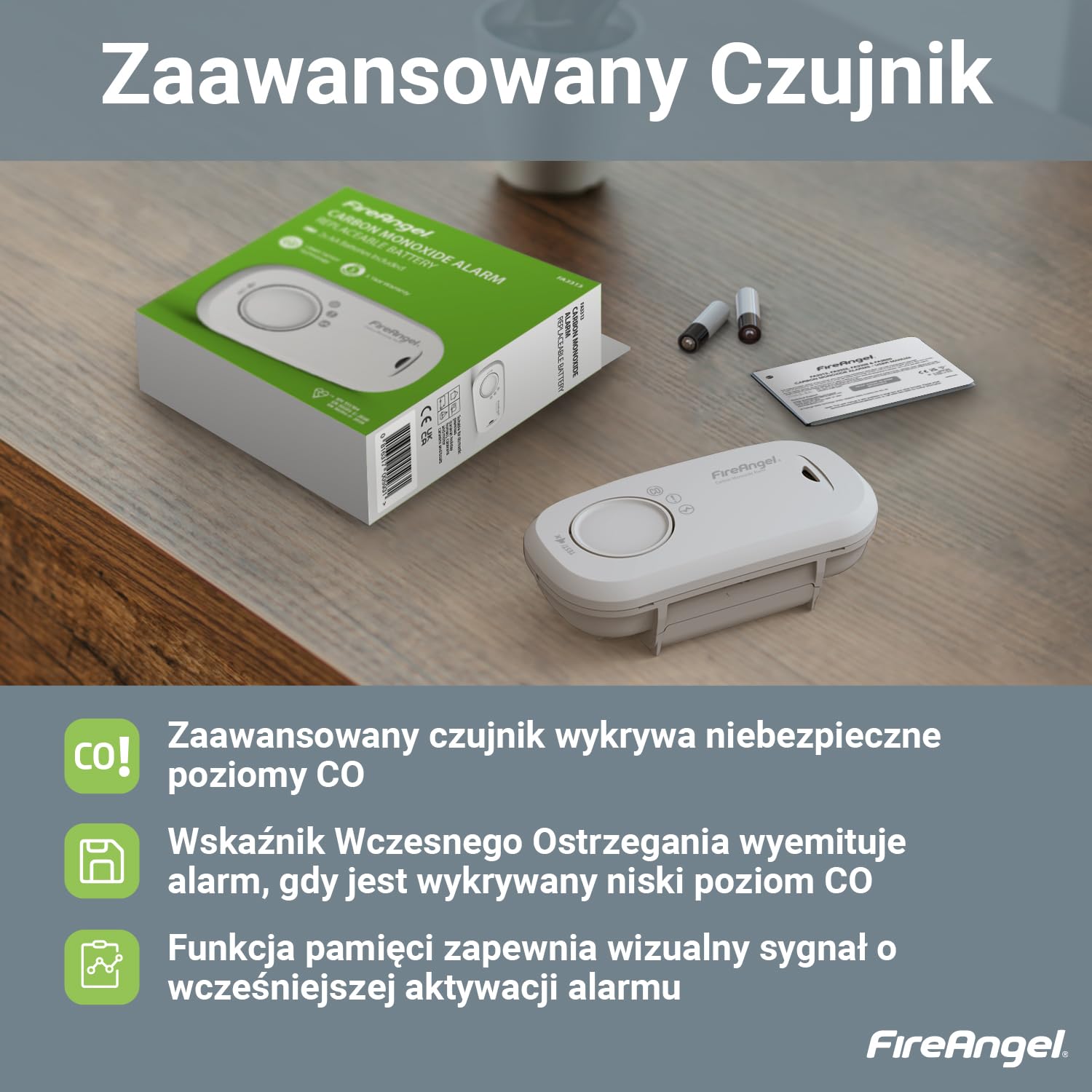 Fire Angel – FA3313 Czujnik Czadu z Alarmem – Czujka Czadu do Domu na 10 Lat z Wymiennymi Bateriami na 1 Rok – Przenośny Czujnik Tlenku Węgla