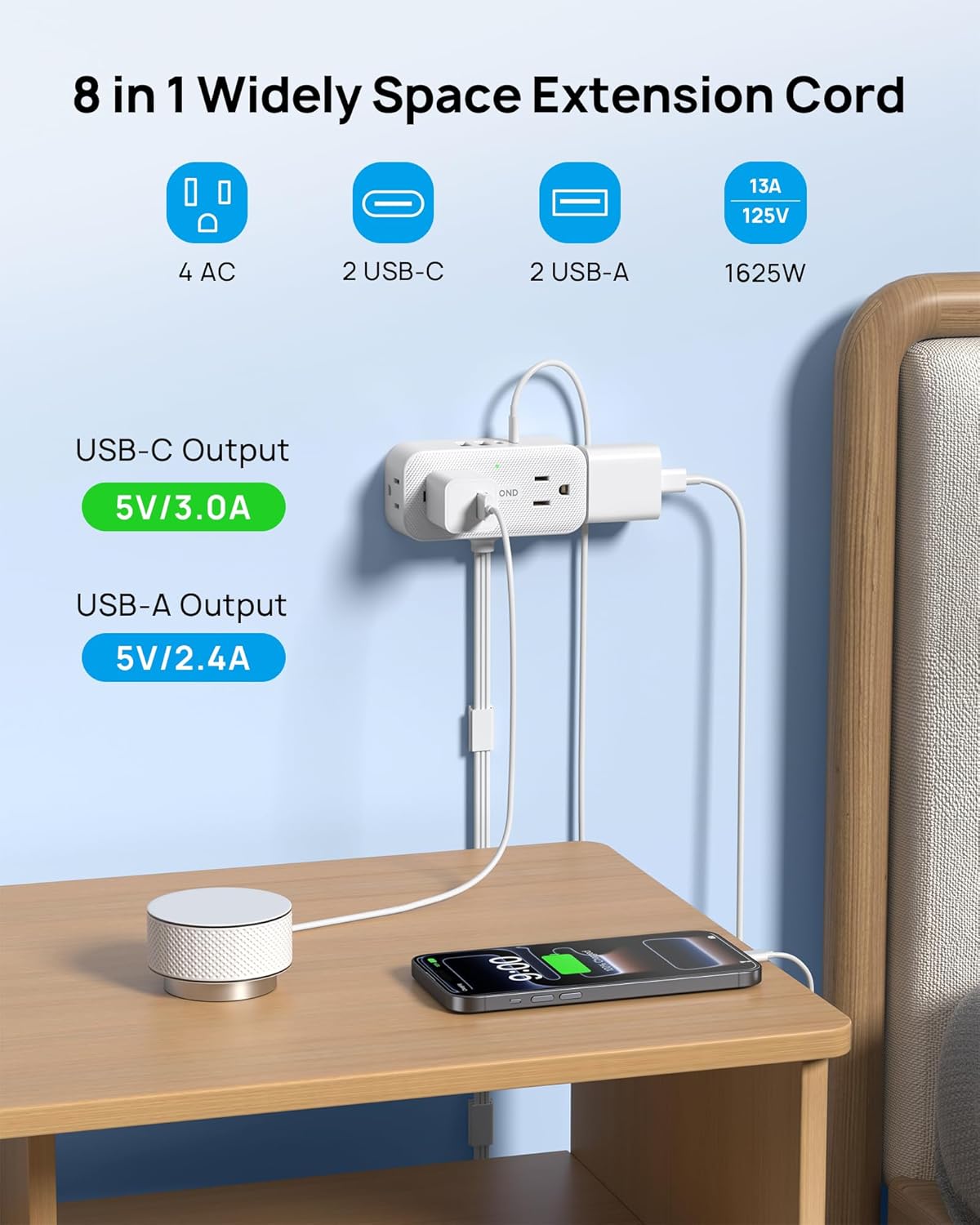 TROND 360° Rotating Flat Plug Short Extension Cord 3FT - Low Profile Power Strip Mountable, 4 AC 4 USB, 900J, 13A/1625W, Compact for Tight Spaces Hard Reach Outlet in Bedroom Home Office Dorm, White