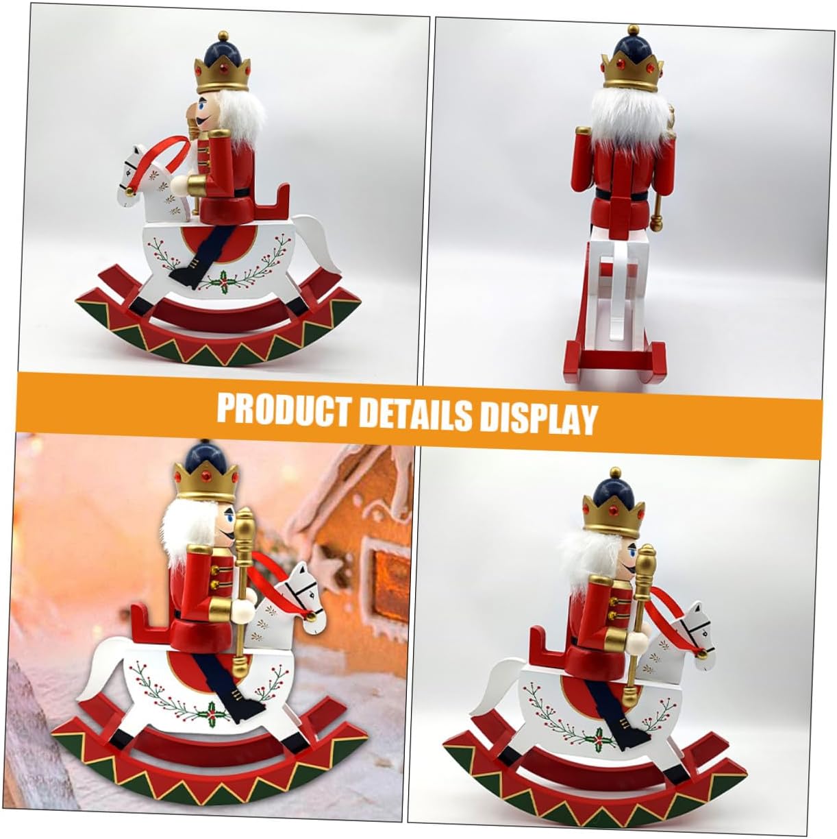 VICASKY Traditional Wooden Nutcracker Figurine Large Rocking Horse Christmas Nutcracker Decoration Red Festival Ornament for Home Shelves and Tabletop Display