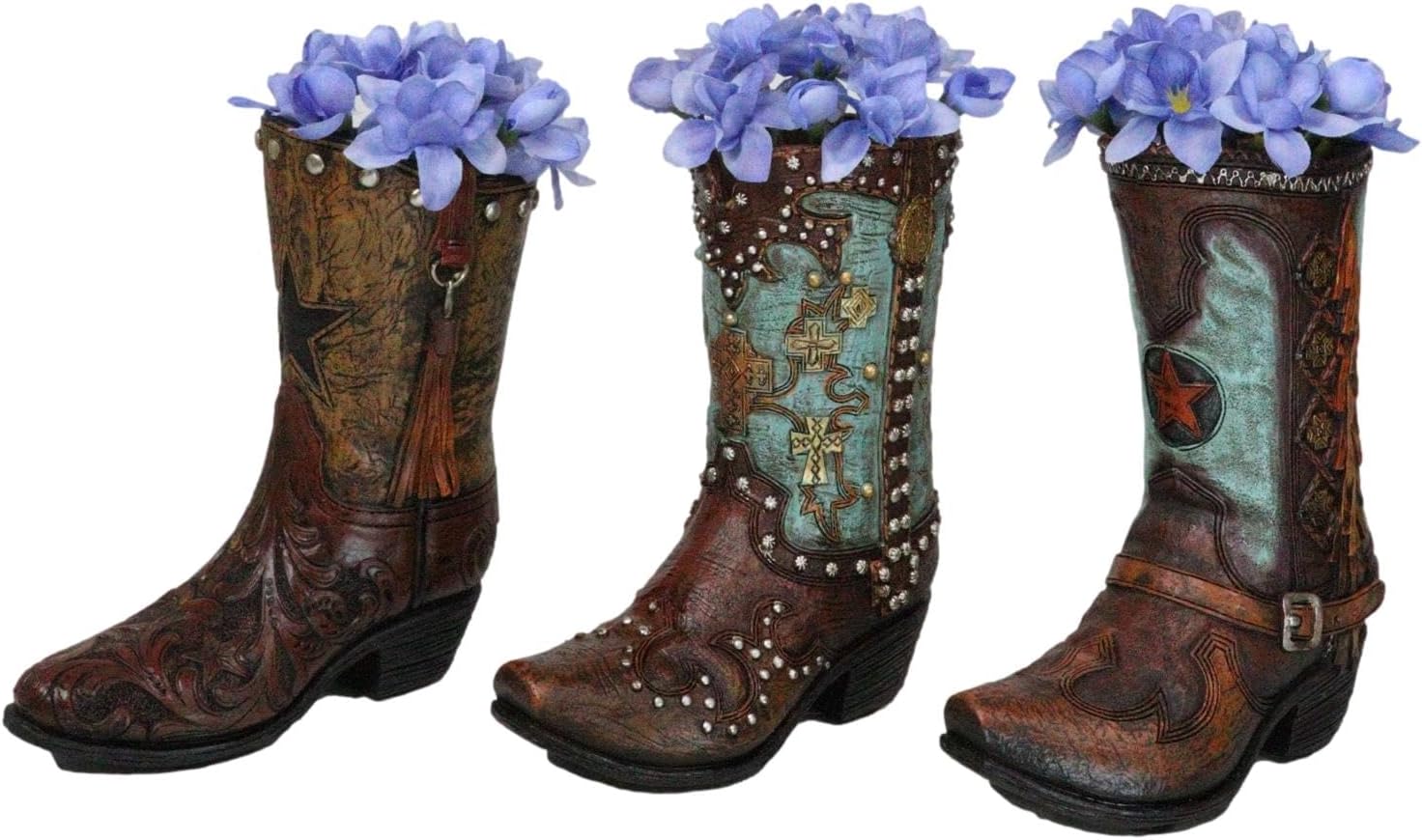 Ebros Gift Rustic Country Turquoise Cross Western Star and Frills Brown Faux Tooled Leather Cowgirl Cowboy Boot Decorative Flower Bouquet Vase Or Planter Figurine 7" H Southwestern Accent
