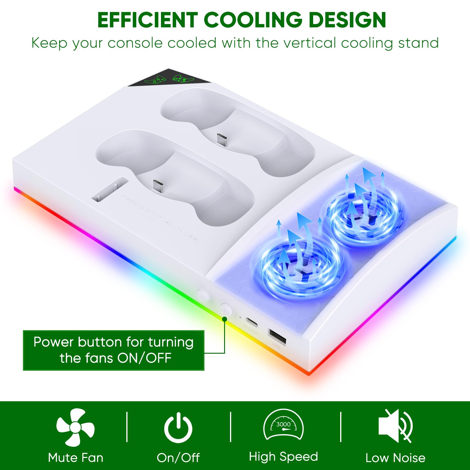 FYOUNG Upgrade RGB Kühllüfter Stand für Xbox Series S Konsole mit 15 Buntem Licht, Dual Controller Ladestation Kühler Base System für Xbox Series S Zubehör mit 2 * 1400mAh wiederaufladbare Batterie
