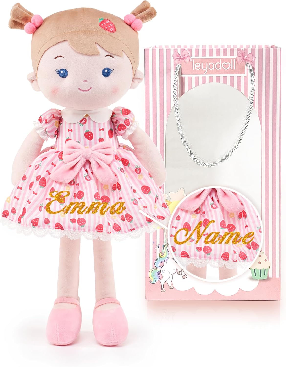 Personalized Soft Baby Doll Toys for Girls (16''), My First Christmas Dolls, Leya Doll Baby Rag Doll Plush Toys for Toddler Kids Infants -Strawberry Girl