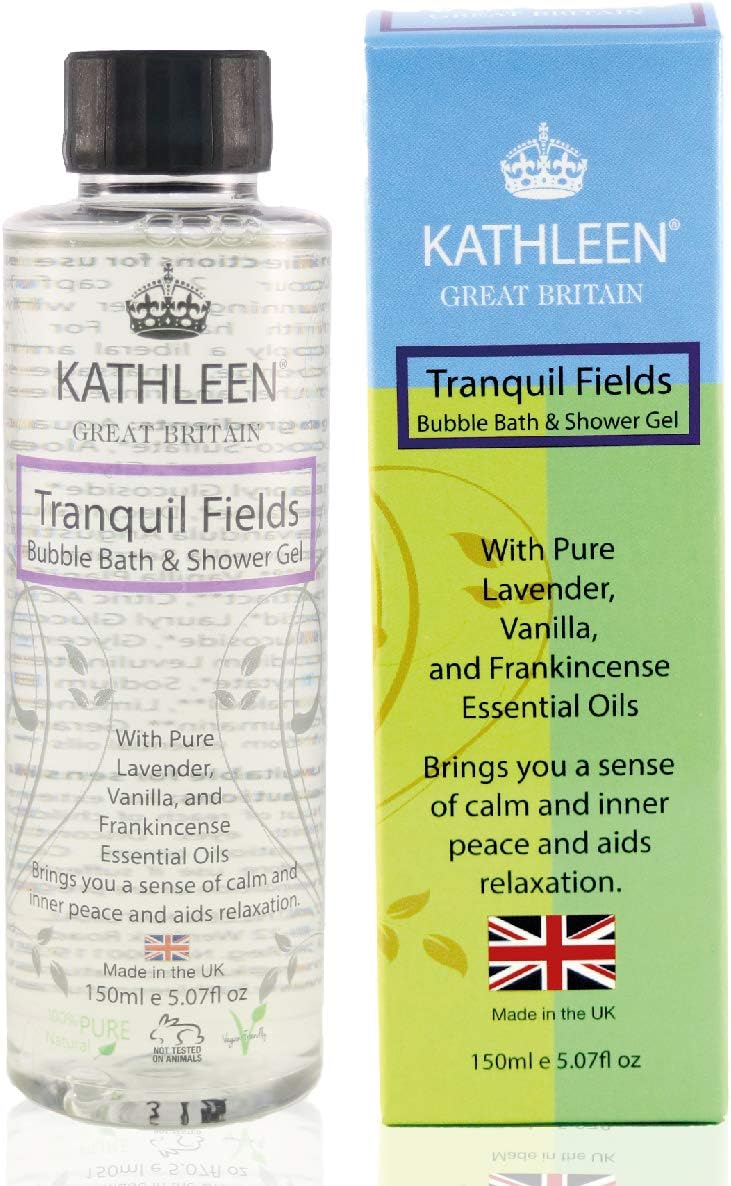 KATHLEEN® Natural Tranquil Fields Bubble Bath & Shower Gel, Botanical, Essential Oil, Lavender, Frankincense, Vanilla, Aloe Vera, UK, Body Wash, Vegan, Sensitive Skin, Relax, Calm, 100% Natural, 150ml