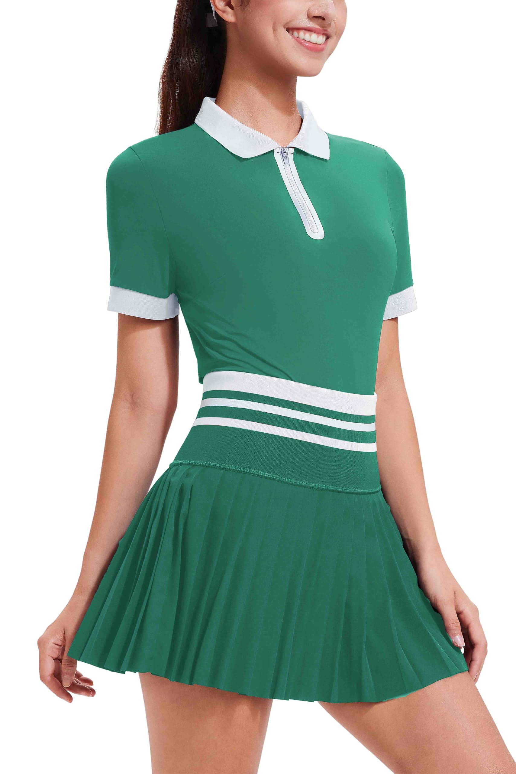 Tennis Skirt Sets for Women Zipper Color Block High Waisted Golf Polo Two Piece Skirt Set Women 2 Piece Outfits