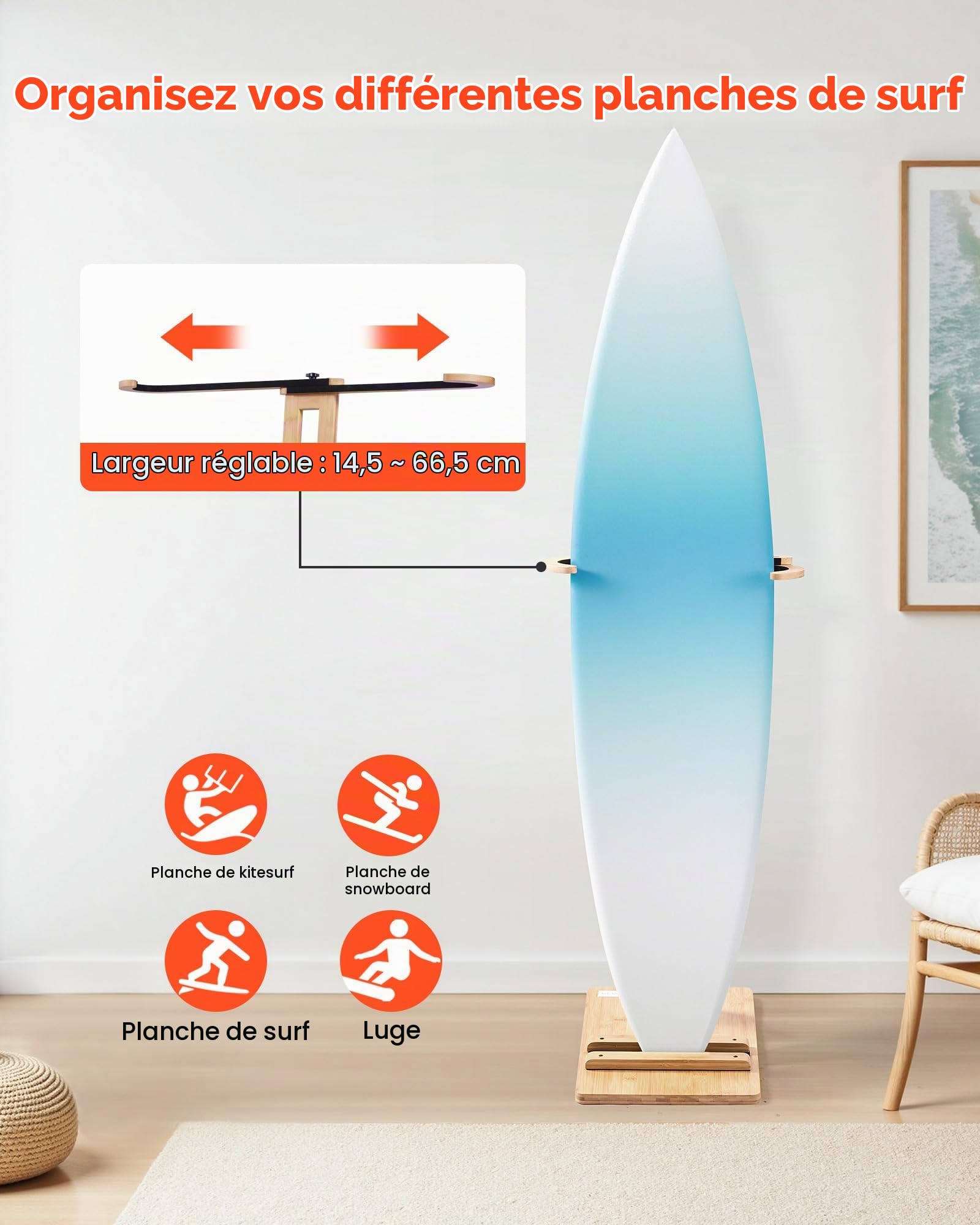 VEVOR Support Vertical pour Planches de Surf, Support pour Rangement et Exposition en Bois, réglable et autoportant, avec Rembourrage, pour wakeboards, Planche à Neige, kitesurfs, shortboards et Skis