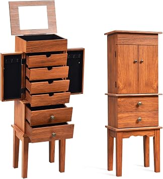 CHARMAID Standing Jewelry Armoire Cabinet Jewelry Boxes, Top Flip Makeup Mirror & 6 Drawers, 2 Side Doors, 6 Necklace Hooks, Large Top Storage Compartments Jewelry Cabinet (Honey)