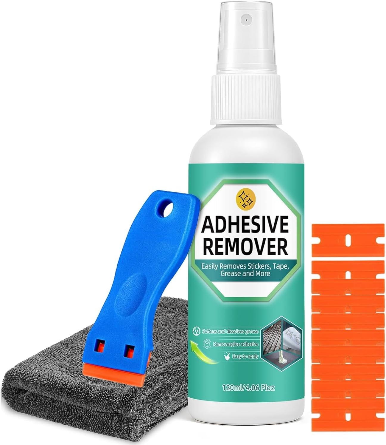 Sticky Stuff Remover Spray, Powerful Adhesive Remover with Scraper and Towel, Glue Remover Removes Sticker, Glue, Tape, Labels on Glass, Plastic, Carpet, Cars, Sticker Remover 120 ml (120 ml)