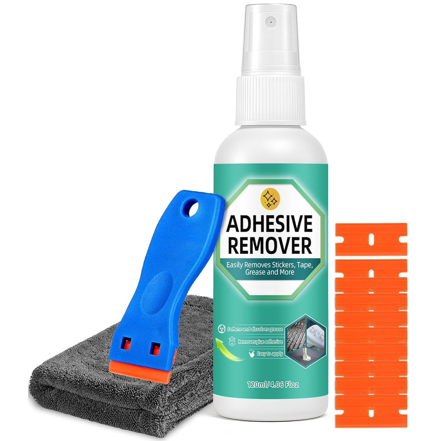 Sticky Stuff Remover Spray, Powerful Adhesive Remover with Scraper and Towel, Glue Remover Removes Sticker, Glue, Tape, Labels on Glass, Plastic, Carpet, Cars, Sticker Remover 120 ml (120 ml)