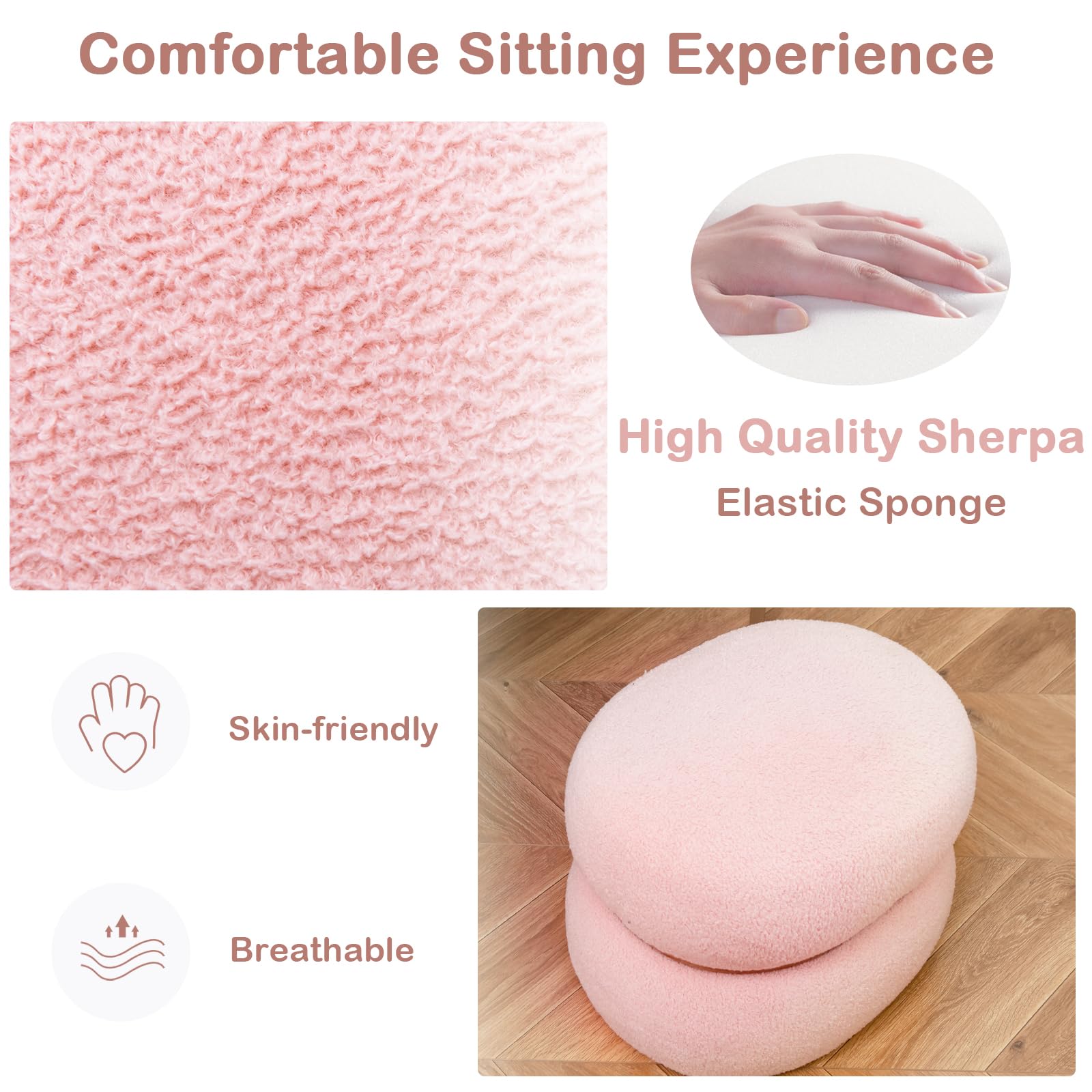 HOMASIS Taburete de tocador de Sherpa, taburete ovalado de 300 kg, reposapiés acolchado para salón, dormitorio y pasillo, 44 x 35 x 35 cm, color rosa