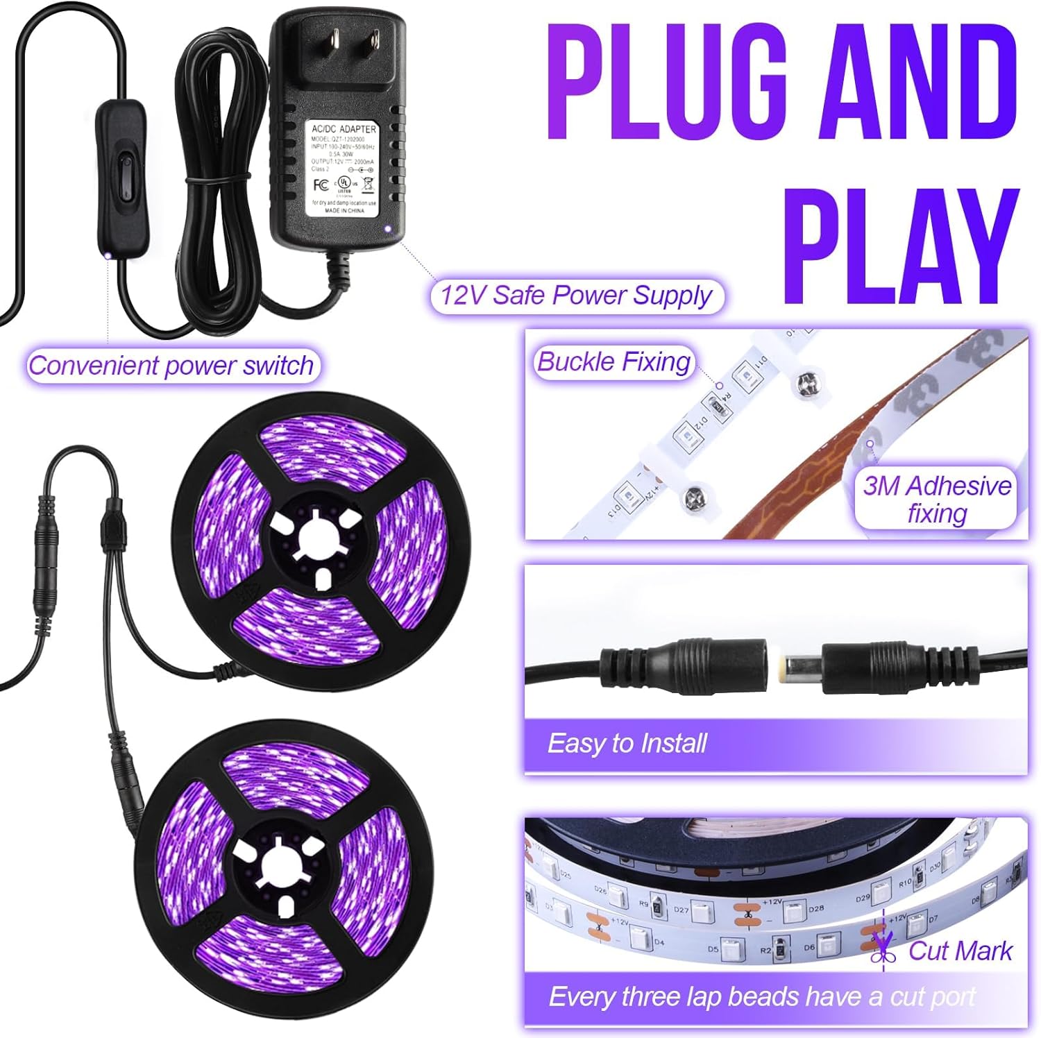 50ft/15M LED Black Light Strip Kit, 900 Units Lamp Beads, 385nm-400nm, 12V Flexible Blacklight Fixtures, Non-Waterproof Strip Blacklight for Indoor, Birthday, Glow Party, Halloween, Christmas