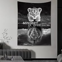 HVEST Black and White Lion Tapestry Mindset is Everything Wall Art Motivational Poster Print Cool Animal Positive Affirmation Wall Tapestry for Living Room Office Study Room Dorm, 60L x 40W Inches