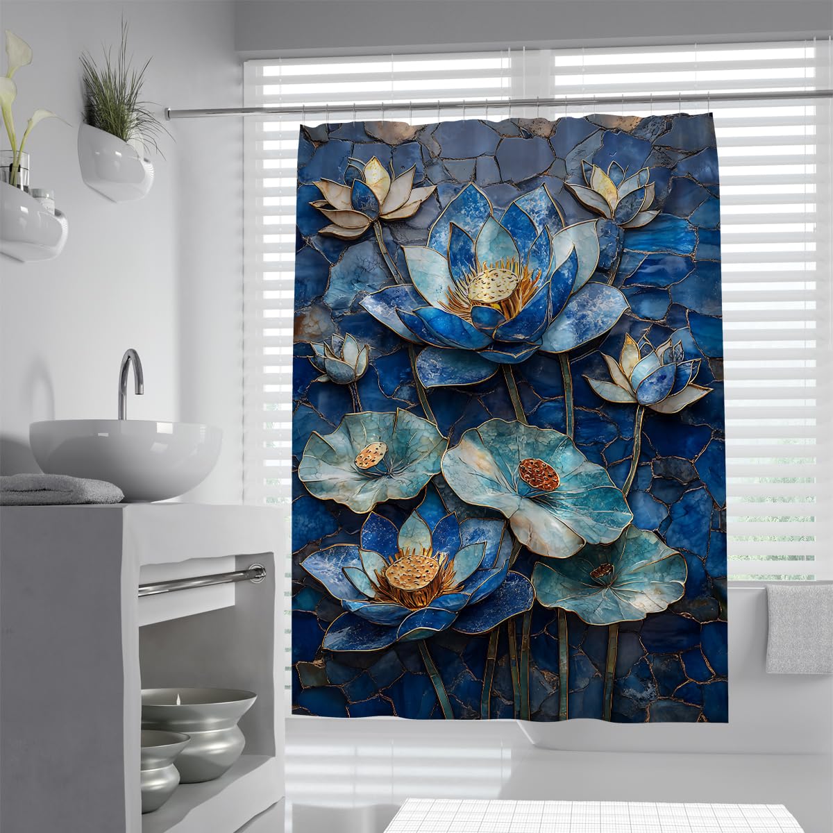 Rideau douche anti-moisissure bleu 100x180 motif feuille de lotus