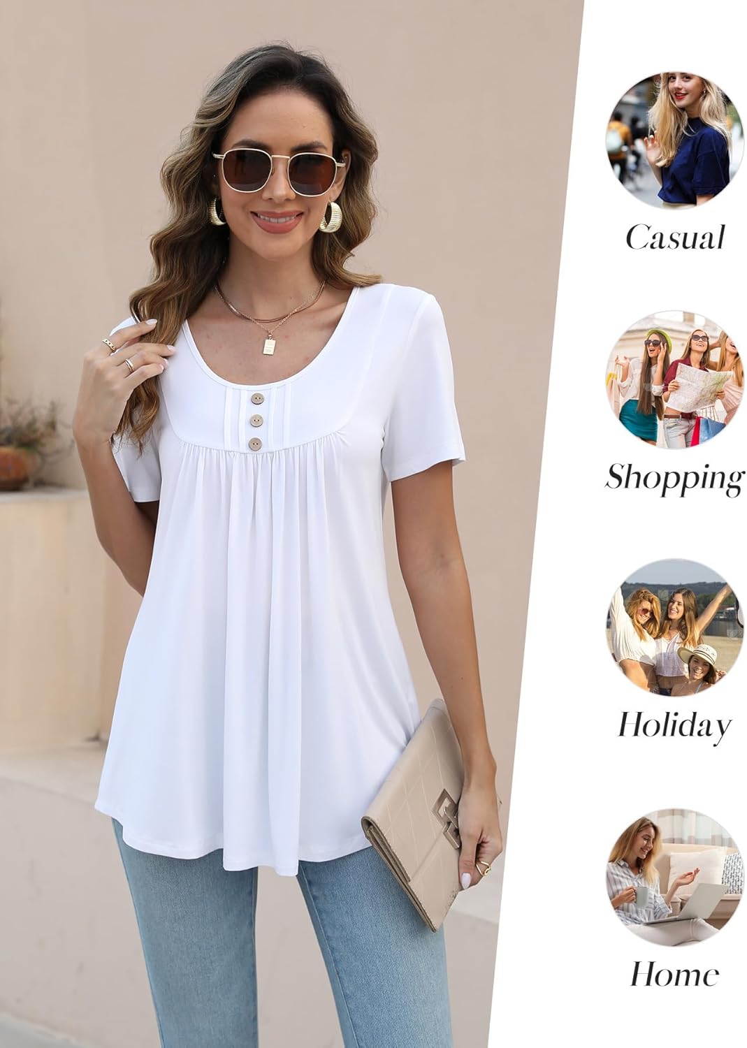 BeadChica Women's Tunic Tops For Leggings Short Sleeve Shirts Botton Up Casual Ruched Blouses Clothing - Image 5