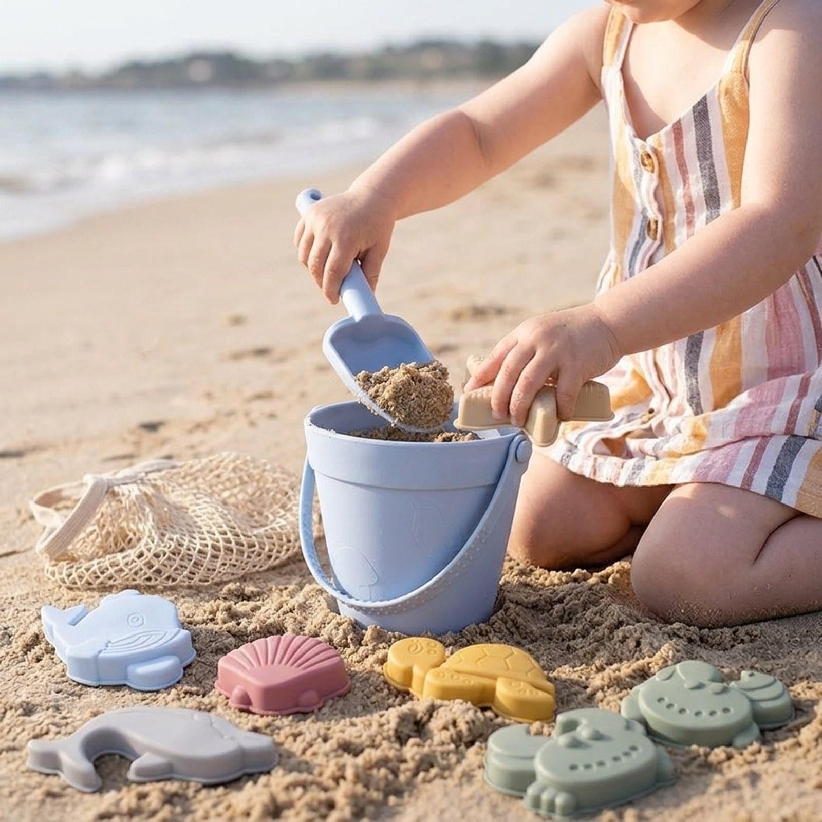 Juguetes de Playa Infantil Cubo Arena Oceánicos Bolsa Silicona Resistente Portátil Fácil de Lavar Adecuado para Playa Jardín Juegos Ni, Violeta Claro, tal como se describe
