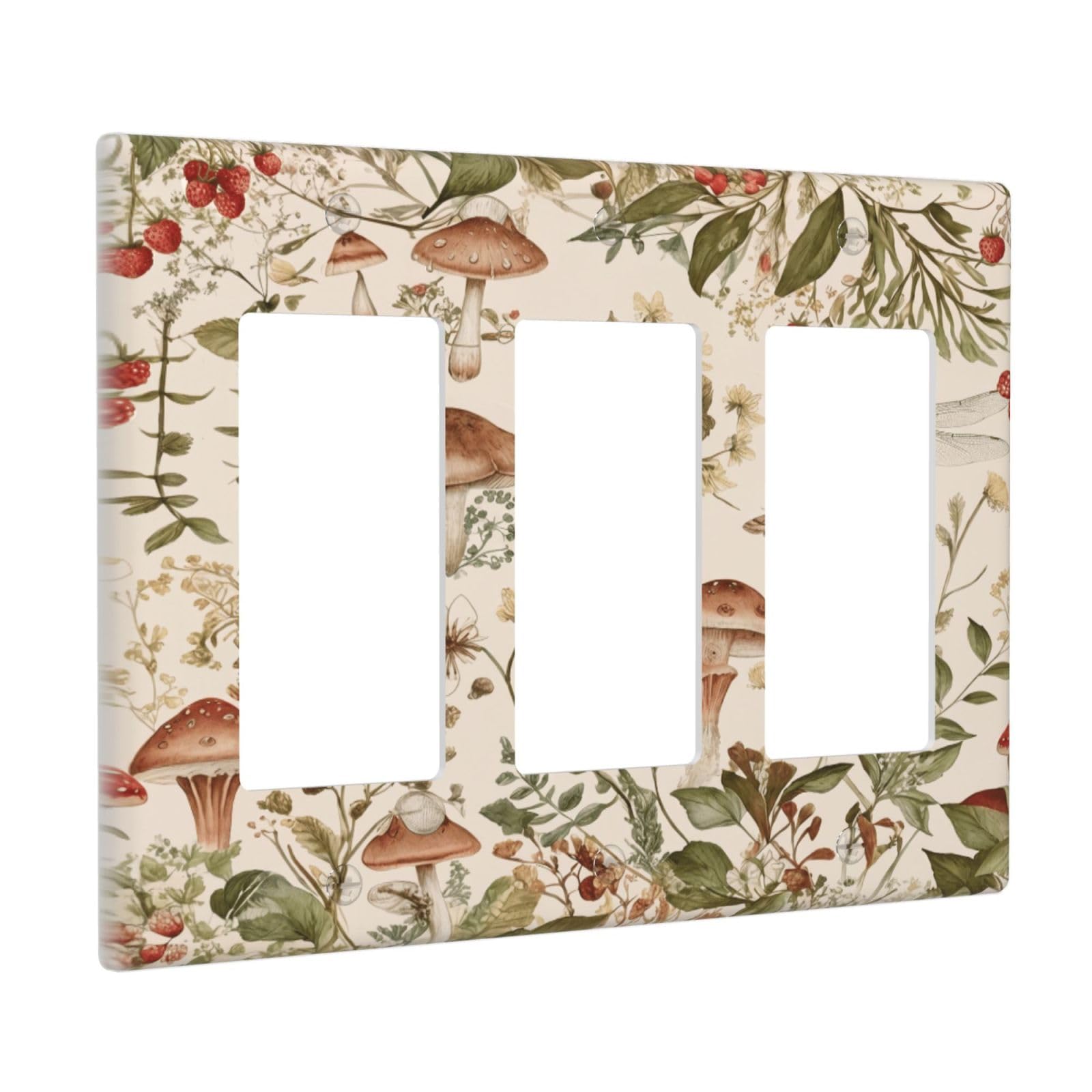 Sghxwp Outlet Covers Watercolor Mushroom Wildflower Triple Rocker Light Switch Covers Decorative Vintage Botanical Dragonfly Bee 3-Gang Wall Plate Electrical Switchplate Faceplate for Country Home