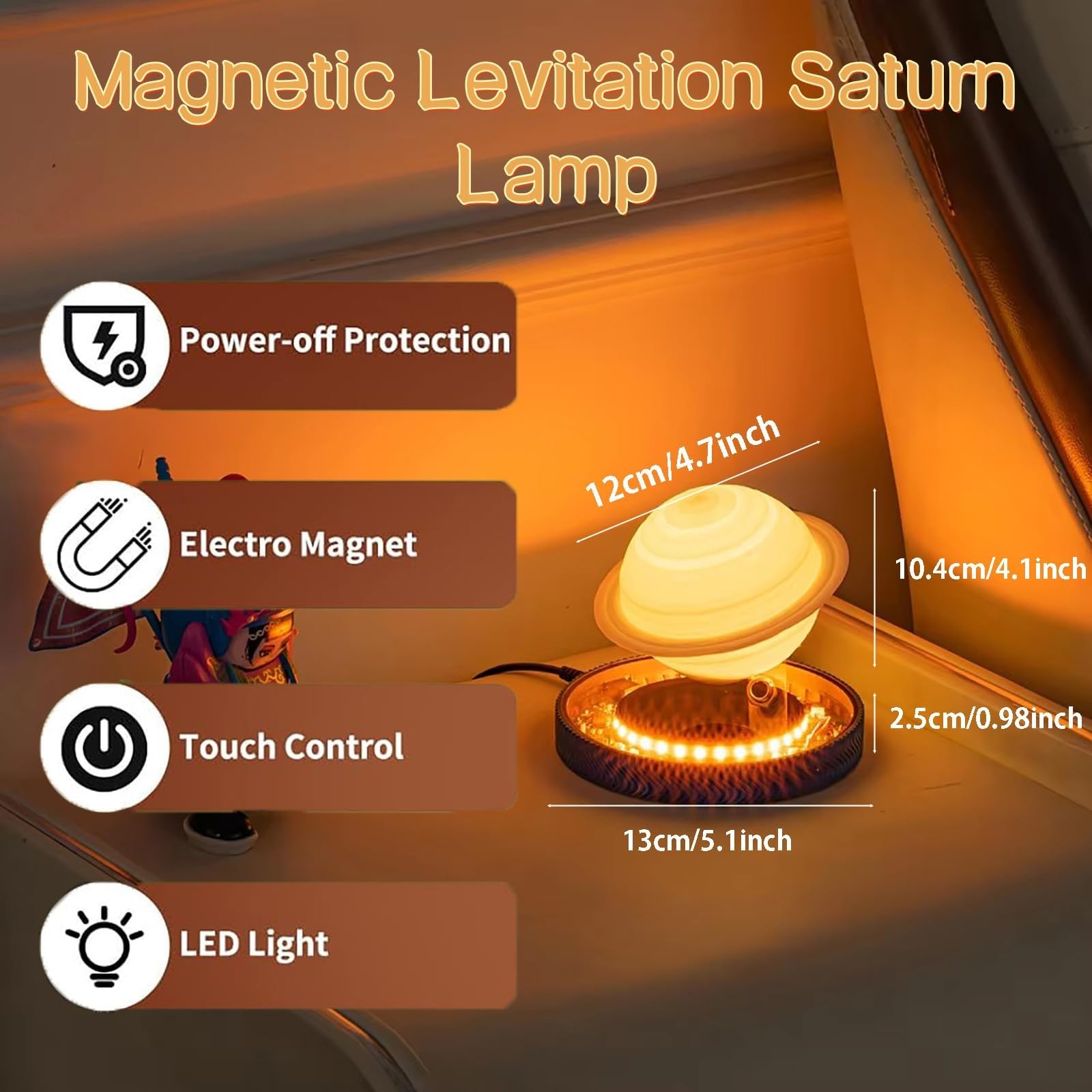 Générique Lampe Saturne Lévitante，Rotation Flottante 360°，Veilleuse 3D Magnétique，Base Lumineuse，Contrôle Tactile 3 Modes Couleur Pour Chambre Et Bureau(12cm Saturn)