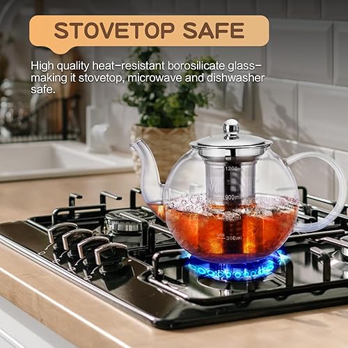 Miniatura 4 de Tetera de vidrio de 40 onzas  40.6 fl oz con infusor de acero inoxidable extraíble, hervidor de té de vidrio transparente con línea de escala,