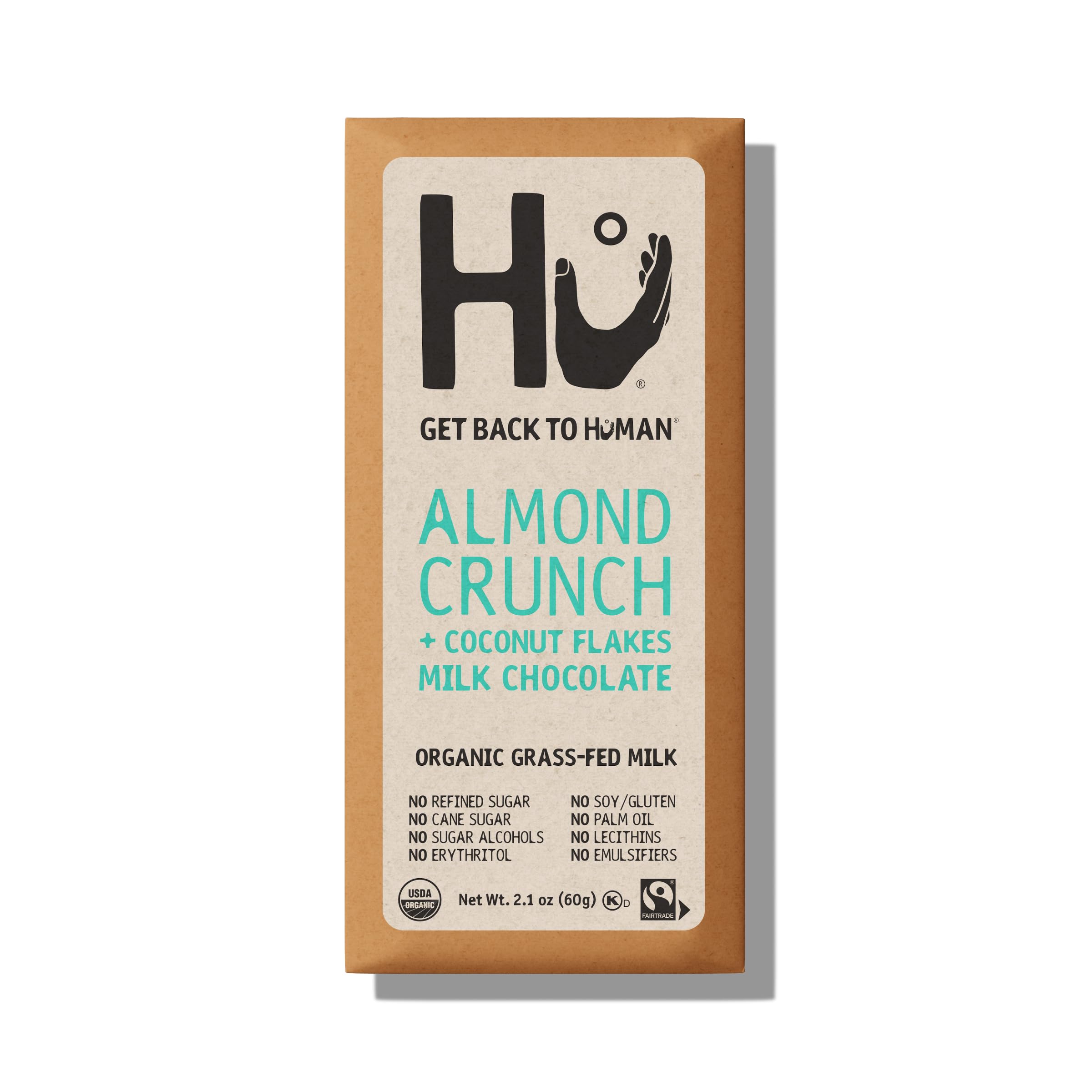 HU KITCHEN Organic Almond Crunch & Coconut Milk Chocolate Bar, 2.1 OZUSDA OrganicFairtrade InternationalFairtrade InternationalFairtrade InternationalFairtrade International