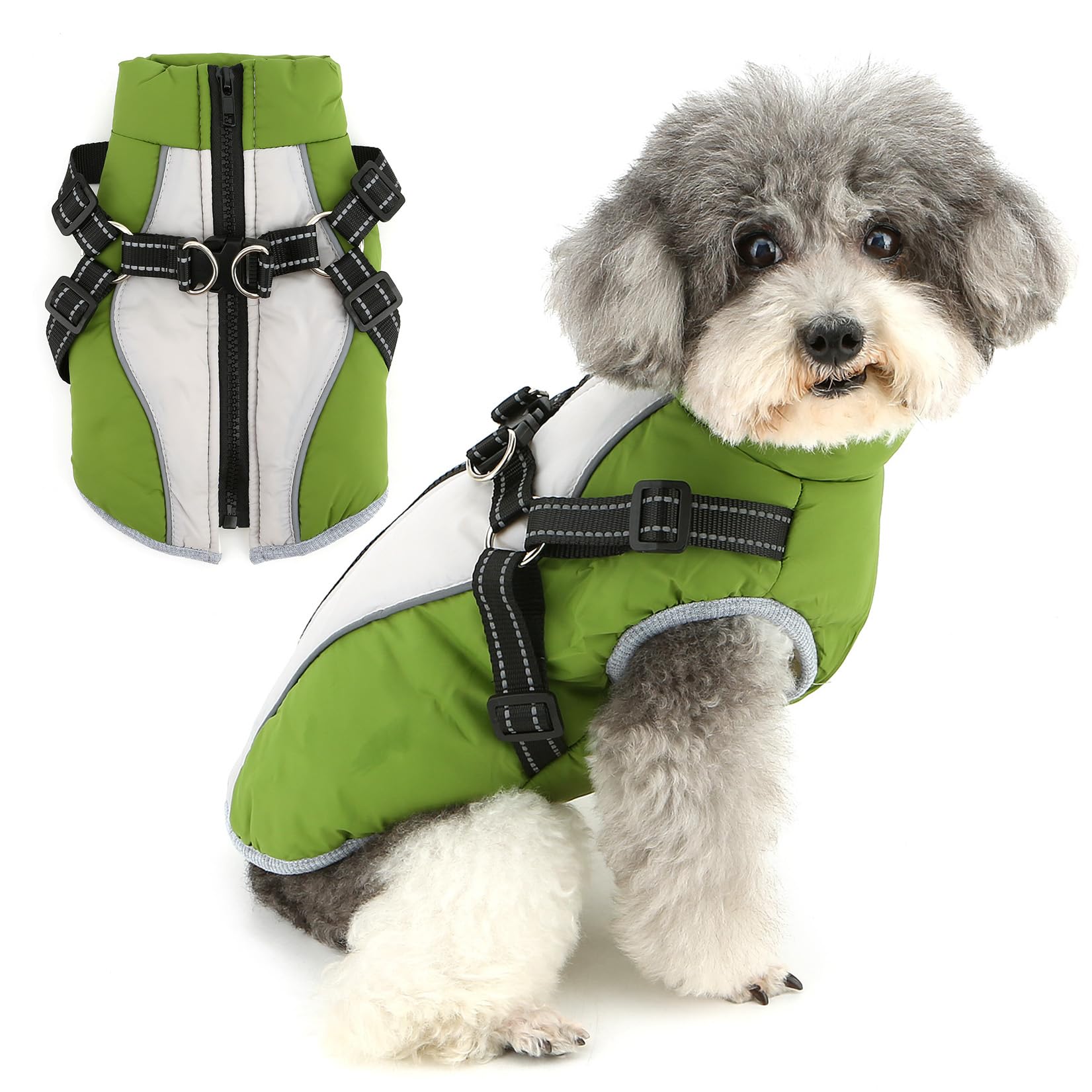 Zunea Winter Dog Jacket Coats for Small Dogs Warm Fleece Lined Puppy Jackets with Built in Harness Reflective Adjustable Zipper Coat Snow Vest Clothes Outdoor Cold Weather Chihuahua Apparel Green XL