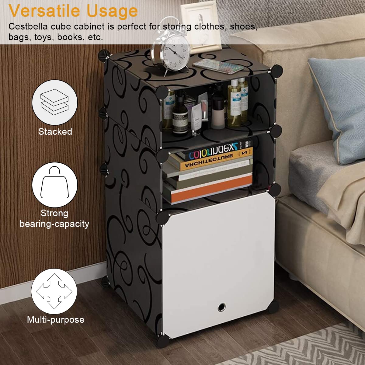 Plastic Cube Nightstand Bedside Table End Side Table 3 Grids Modular