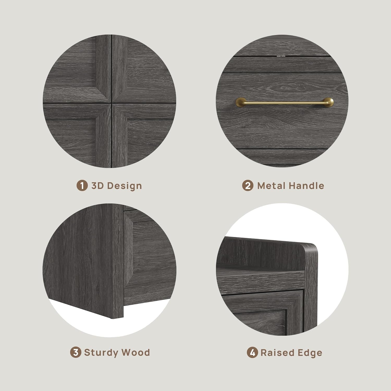 Close-up details of the dresser's features