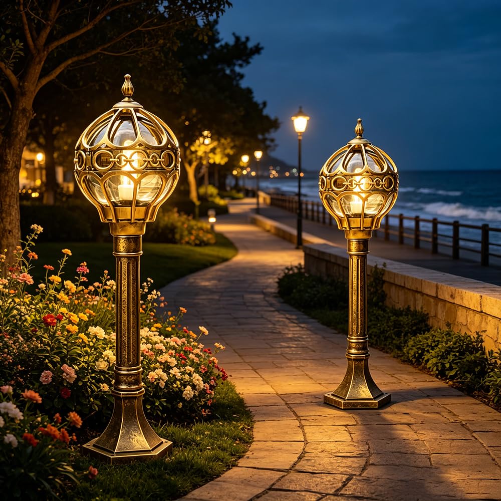 Mengjay Klassische Straßenbeleuchtung, Stehlampen in Gold und Schwarz erhältlich, 1 x E27, ideal für Landhäuser, Gärten, Terrassen und Außenbeleuchtung. (Gold)